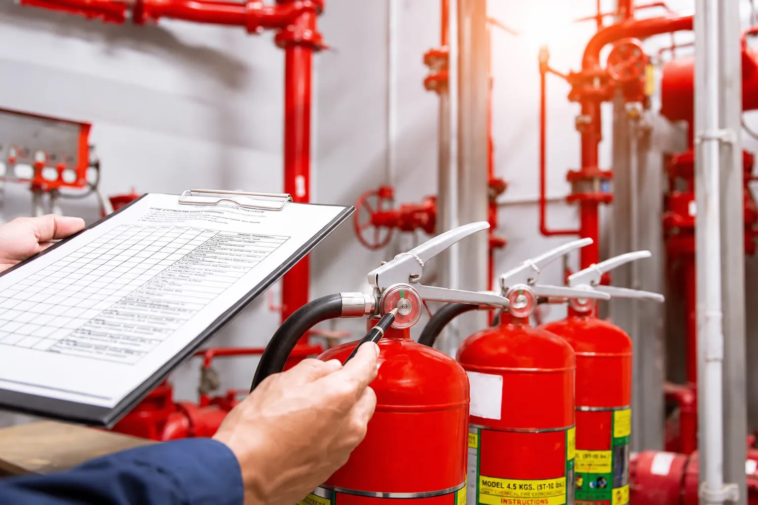 Tecnico antincendio con checklist durante il controllo di estintori e impianti