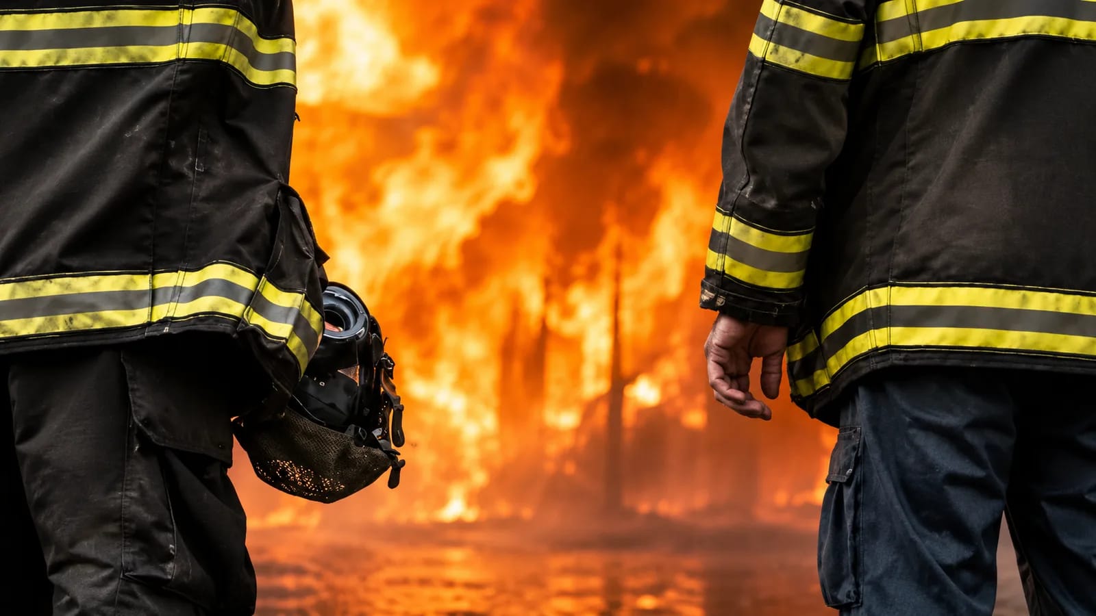 Due vigili del fuoco di spalle davanti a un incendio