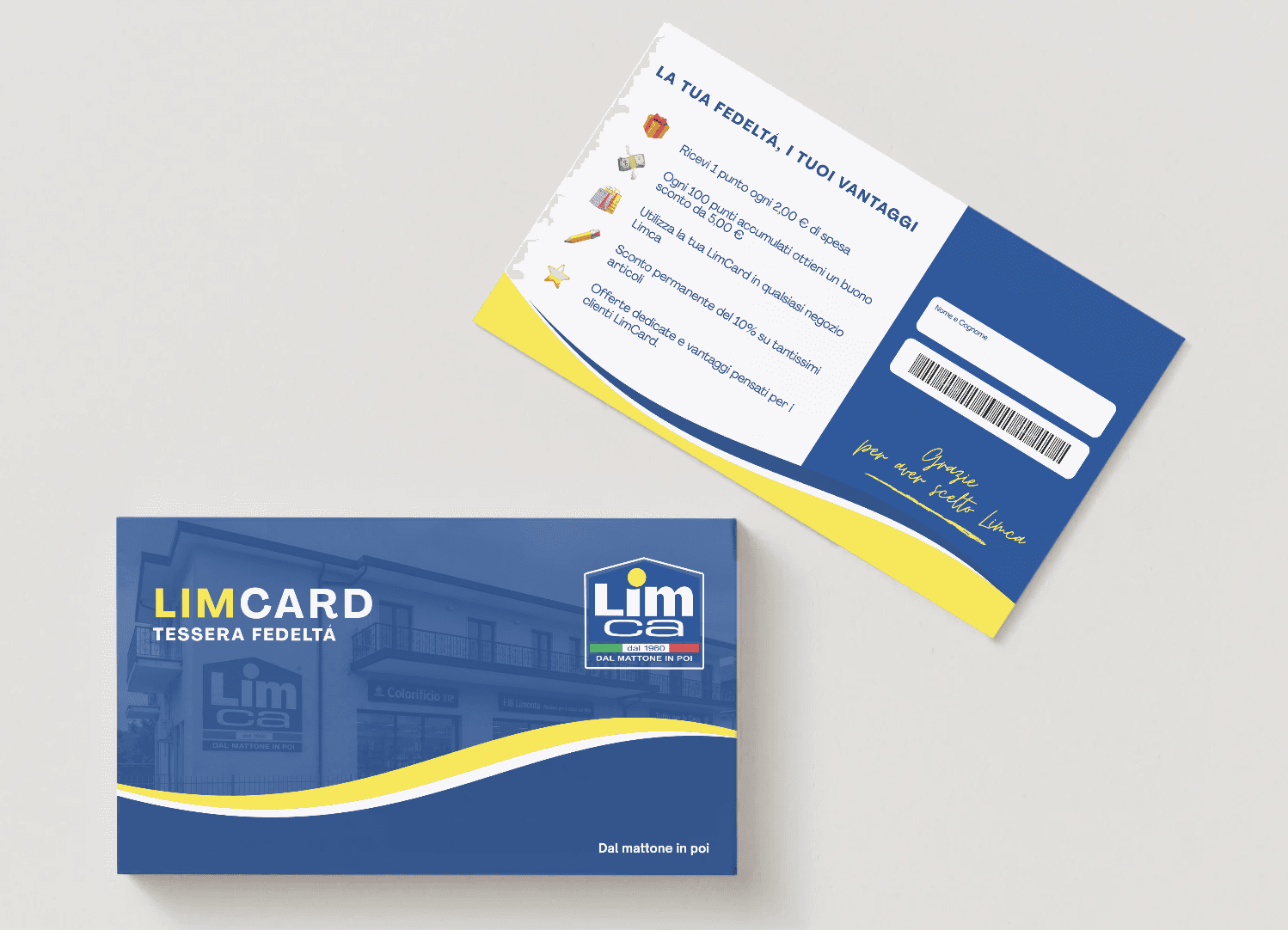 Locandina della tessera fedeltà LimCard con i principali vantaggi del programma: raccolta punti, sconti esclusivi, promozioni dedicate e utilizzo nei punti vendita Limca.